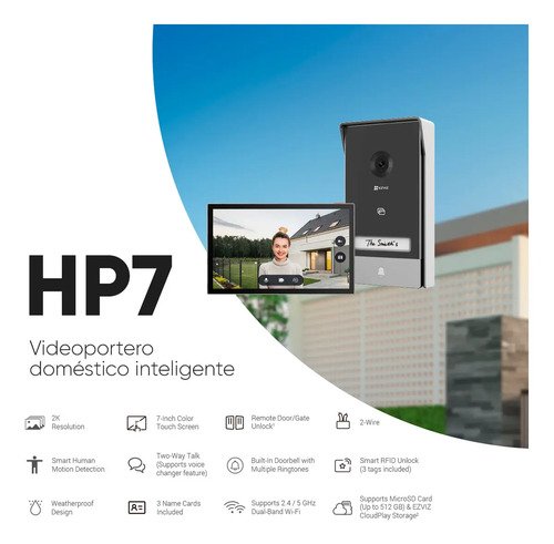 Videoportero Ip Ezviz Cs-hp7 Con Monitor Wi-fi Y Cámara 3mp Para 2 Puertas Negro - Imagen 2